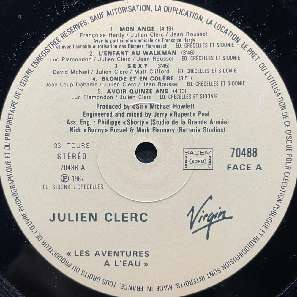Julien Clerc ‎– Les Aventures À L'eau (Франция 1987г.)