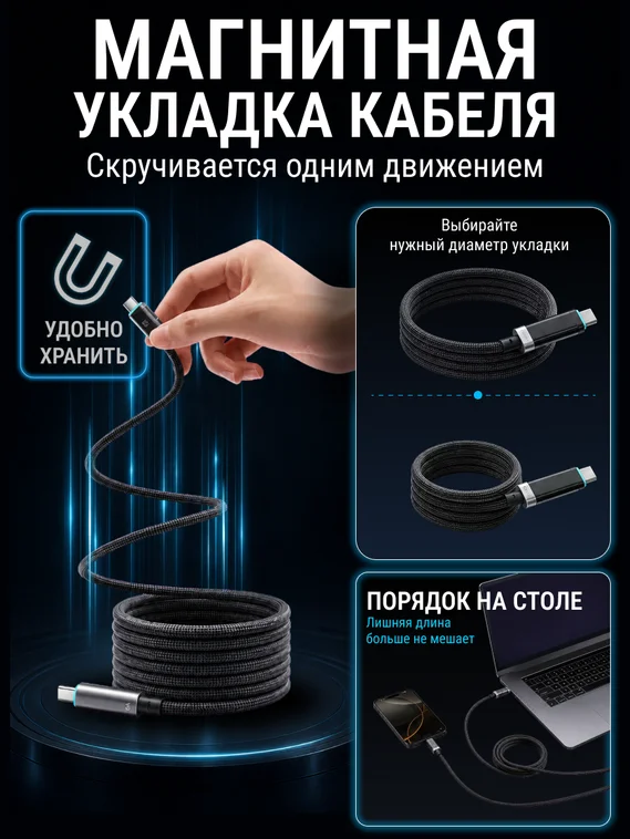 Кабель CUKTECH Type-C to Type-C Magnetic с дисплеем (CMC615P) (6A, 240W, 1.5м) Черный (Black)