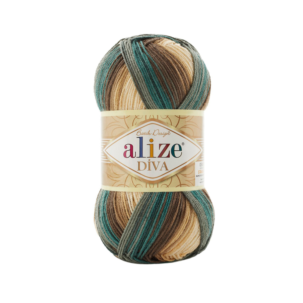 Дива батик (Diva batik) пряжа Alize 100%микрофибра (акрил) 5х100г/350м (3307 молочно-бежевый-коричнево-серо-т.зеленый)
