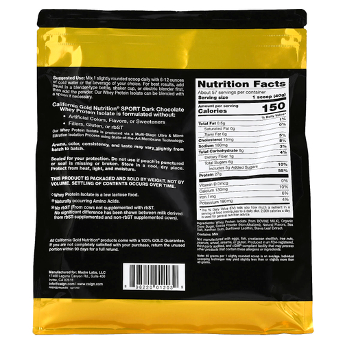 California Gold Nutrition, Sport, изолят сывороточного протеина со вкусом тёмного шоколада, 2,27 кг (5 фунтов)
