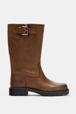 ZARA КОЖАНЫЕ САПОГИ С ПРЯЖКОЙ, КАШТАНОВЫЙ