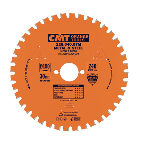 Диск пильный CMT 190 x 30 x 2,0/1,6 мм 0° FWF Z=40 3500 об/мин, по стали сухой рез 226.040.07M
