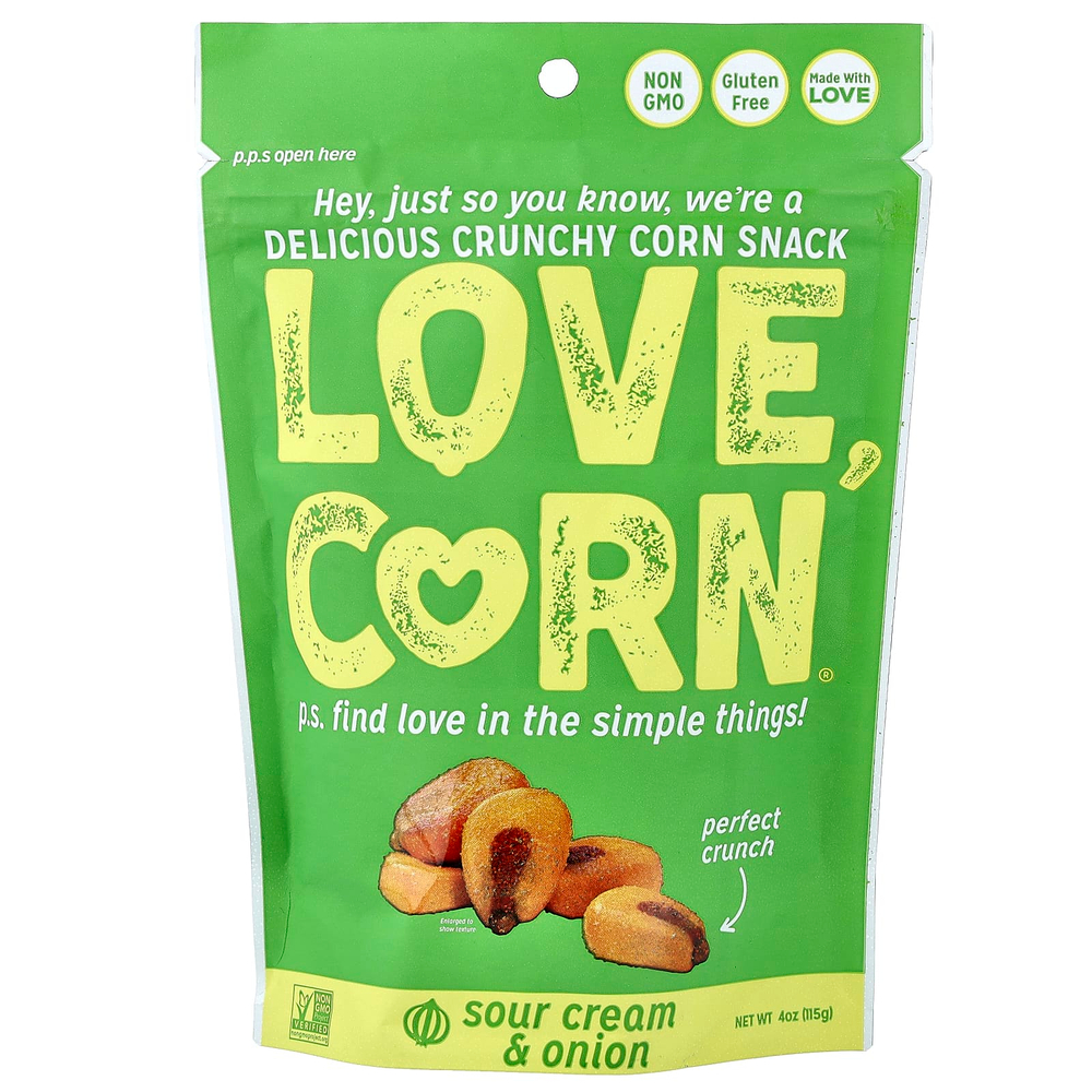 Love Corn, вкусная хрустящая кукуруза, сметана и лук, 115 г (4 унции)