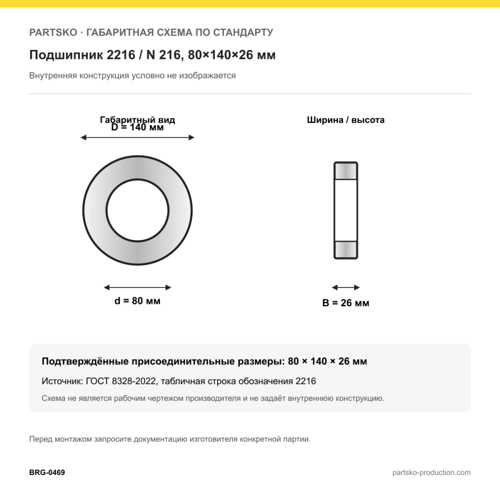 Габаритная схема Подшипник 2216 / N 216, 80×140×26 мм, APP-GROUP: 80×140×26 мм по ГОСТ 8328-2022