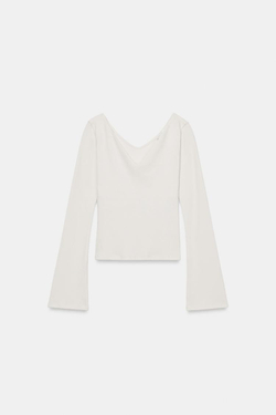 ZARA ФУТБОЛКА В РУБЧИК С V-ОБРАЗНЫМ ВЫРЕЗОМ, ЭКРЮ