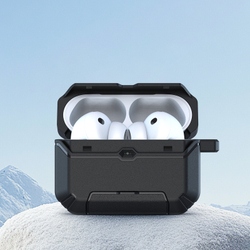 Противоударный чехол черного цвета для наушников AirPods Pro 2, серия PECS Series (с карабином и подставкой) от Dux Ducis