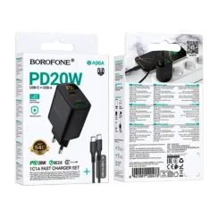 Adapter / Адаптер Сетевое З/У Borofone BA96A 1USB+1Type-C 3.0A 20W QC3.0 дисплей с кабелем Type-C/Type-C черный