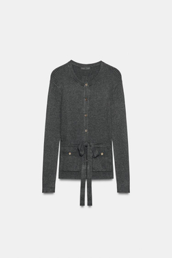 ZARA КАРДИГАН В РУБЧИК С ПОЯСОМ, ТЕМНО-СЕРЫЙ