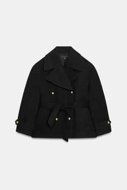 ZARA ДВУБОРТНОЕ ПАЛЬТО С ПОЯСОМ, ЧЕРНЫЙ