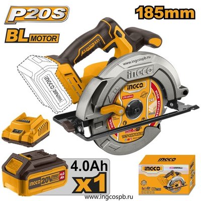 Аккумуляторная циркулярная пила BL 20В 185мм. 1хАКБ 4Ач и ЗУ SUPER INGCO CSLI18511 INDUSTRIAL