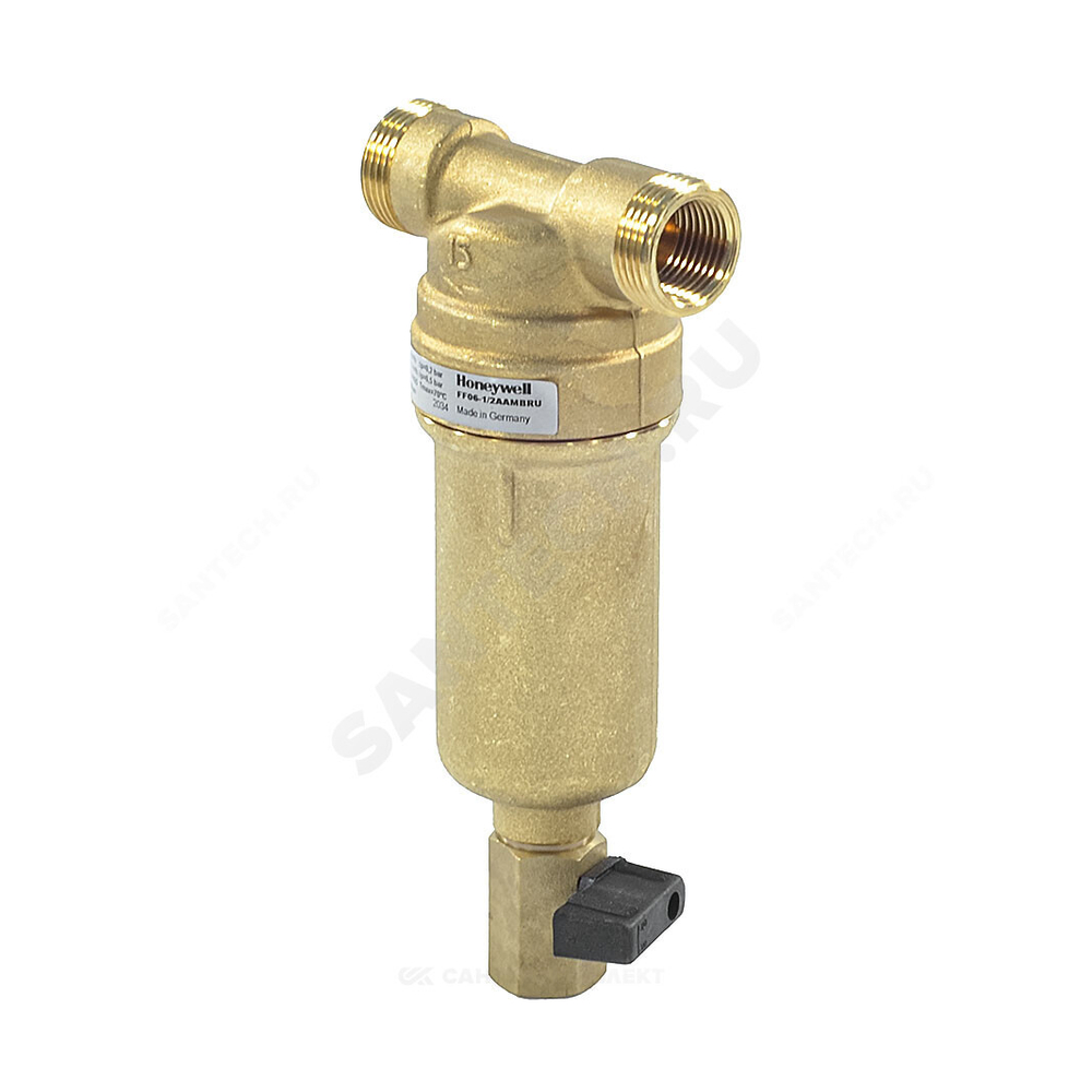 Фильтр сетчатый T-образный латунь Ду 15 Ру25 Тмакс=80 oC G1/2" НР FF06 с краном Honeywell-Braukmann FF06-1/2"AAM