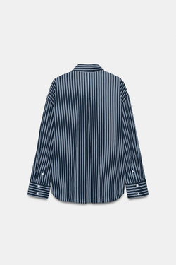 ZARA РУБАШКА ОВЕРСАЙЗ ИЗ ПОПЛИНА В ПОЛОСКУ, ОТТЕНКИ СИНЕГО
