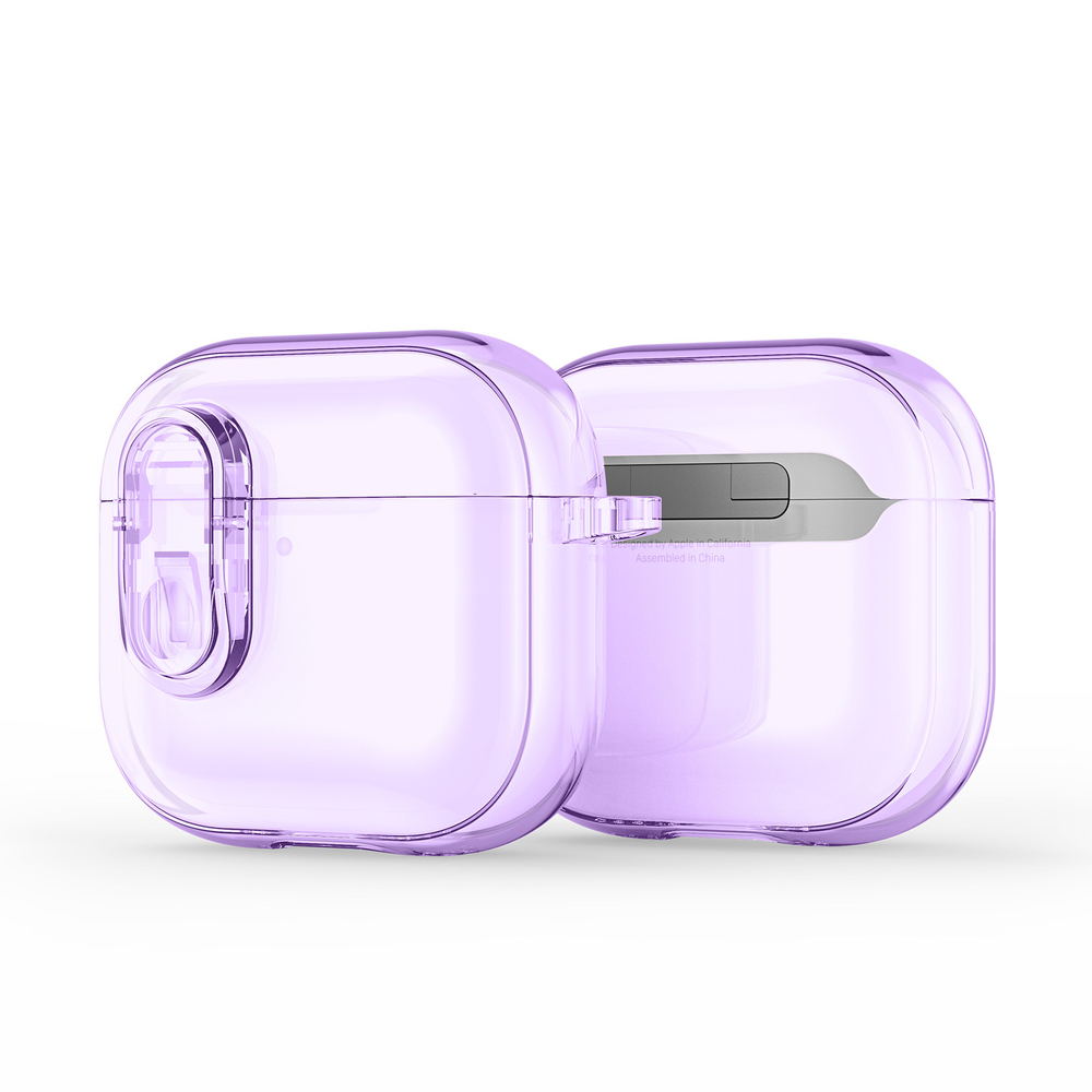 Прозрачный чехол фиолетового цвета от Dux Ducis для наушников AirPods 4, серия PECL Series Case, в комплекте с карабином