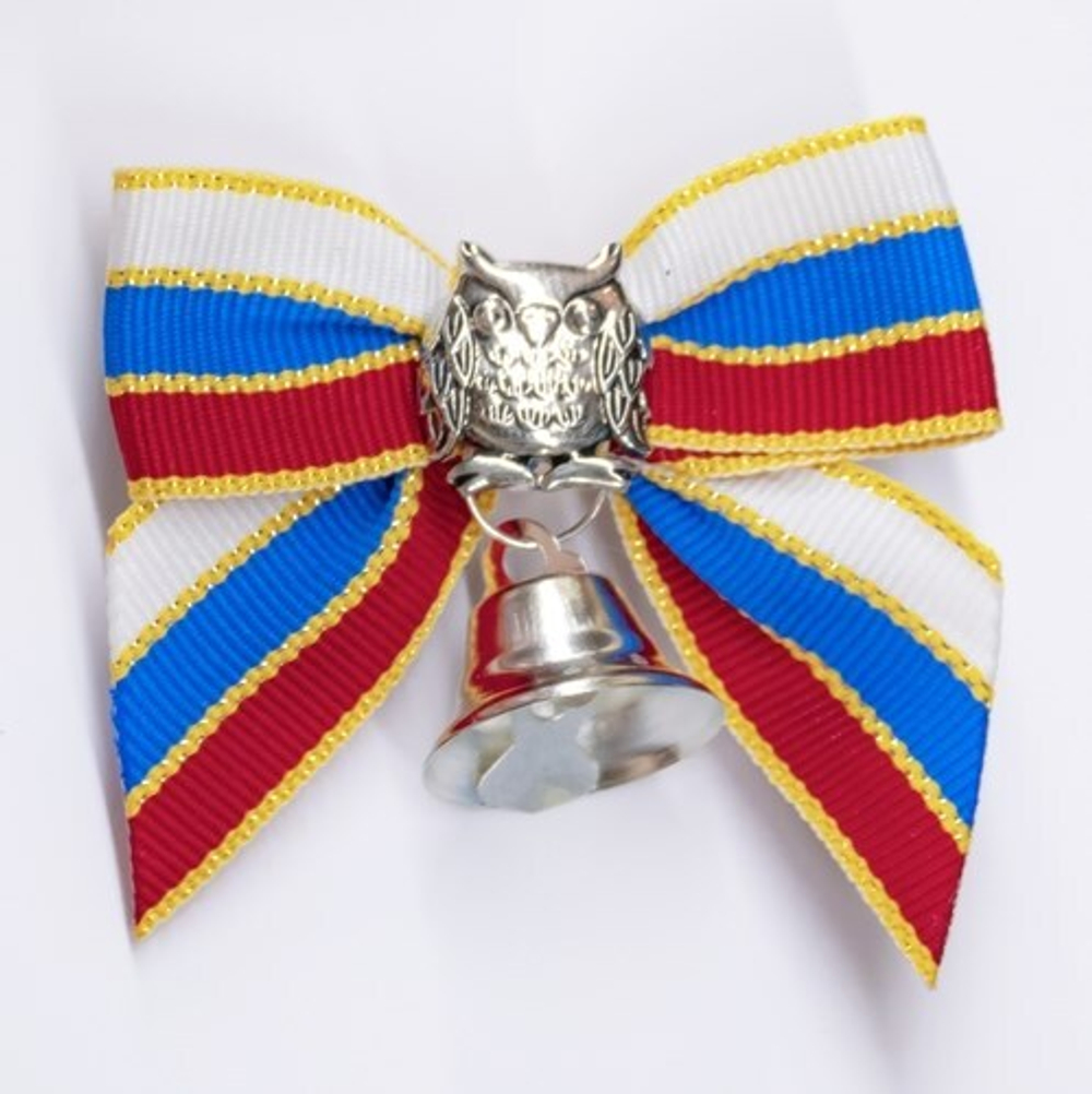 Бант с колокольчиком "Ученая сова" Premium с фигуркой, серебряный.