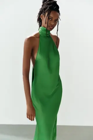 ZARA ДЛИННОЕ АТЛАСНОЕ ПЛАТЬЕ С ЗАВЯЗКАМИ, ИЗУМРУДНЫЙ