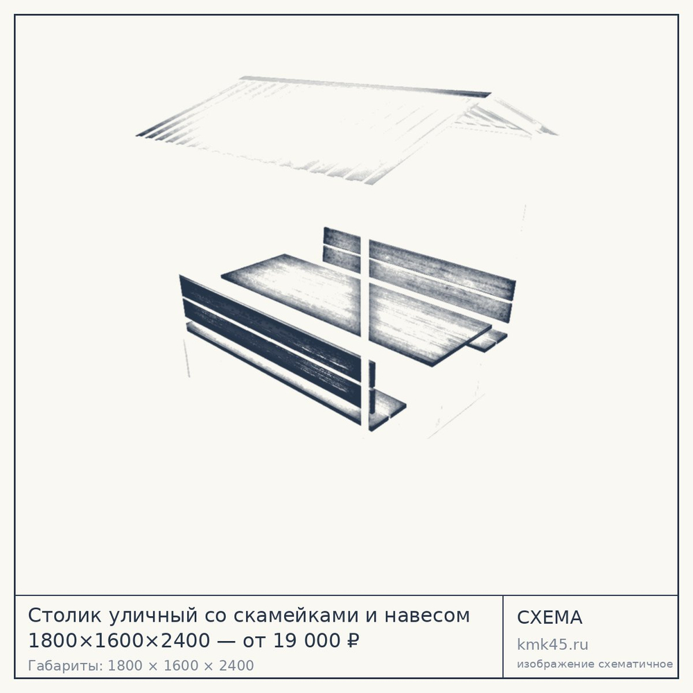 Схема с габаритами: Столик уличный со скамейками и навесом 1800×1600×2400 — от 19 000 ₽