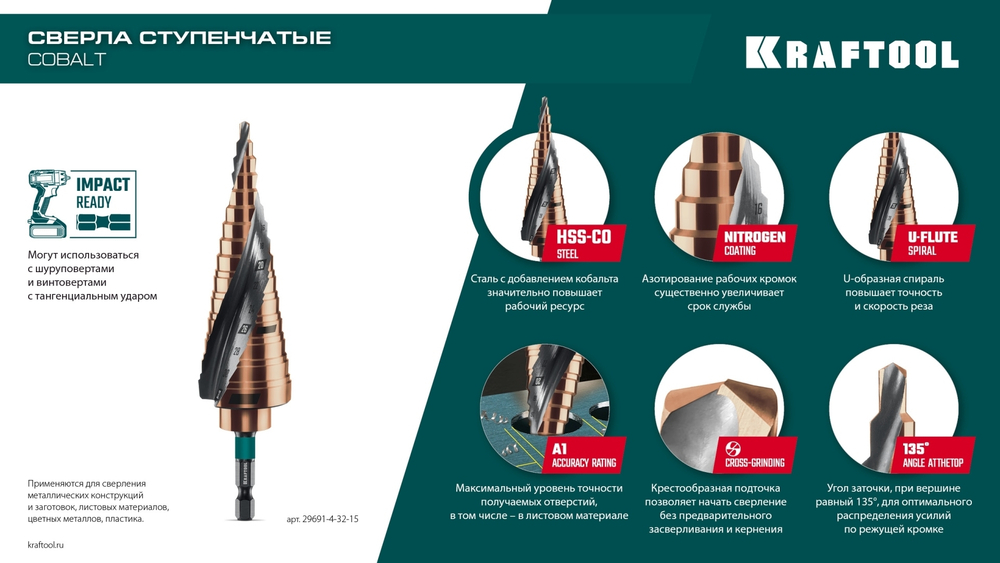 KRAFTOOL COBALT 6-30мм, 13 ступеней, азотирование, винтовая спираль, сверло ступенчатое(29691-6-30-13)