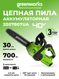 Аккумуляторная цепная пила Greenworks G40CS30IIK2, 2007807UA,40v, 30 см, АКБ 2 А·ч и ЗУ