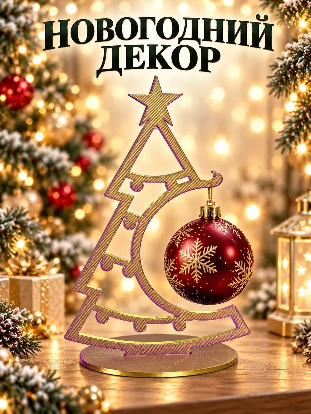 Ёлочка-подставка для новогоднего шара 21 см, золотистая с переливом (3D077-2)