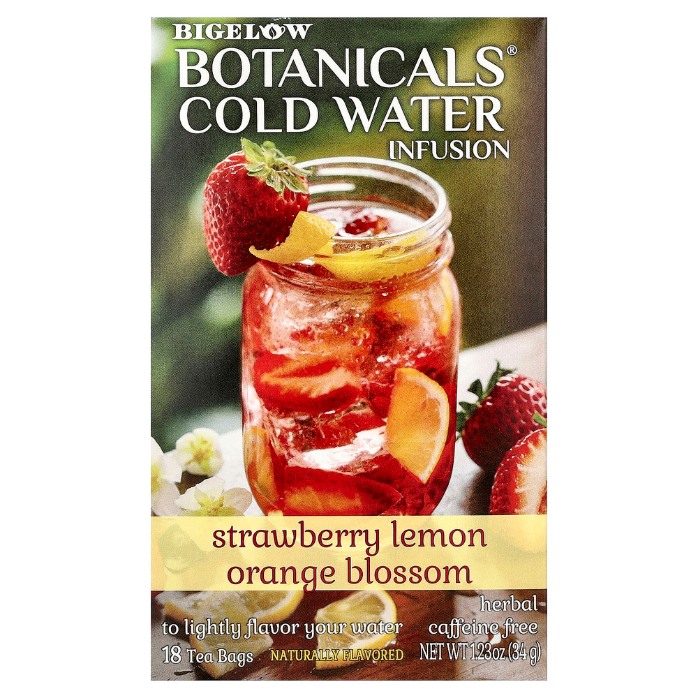 Bigelow, Botanicals®, настой из холодной воды, травяной чай, клубника, лимон и цветы апельсина, без кофеина, 18 чайных пакетиков, 34 г (1,23 унции)