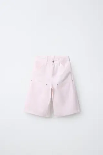ZARA УДЛИНЕННЫЕ ШОРТЫ-БЕРМУДЫ КАРПЕНТЕР В ПОЛОСКУ, РОЗОВЫЙ/БЕЛЫЙ