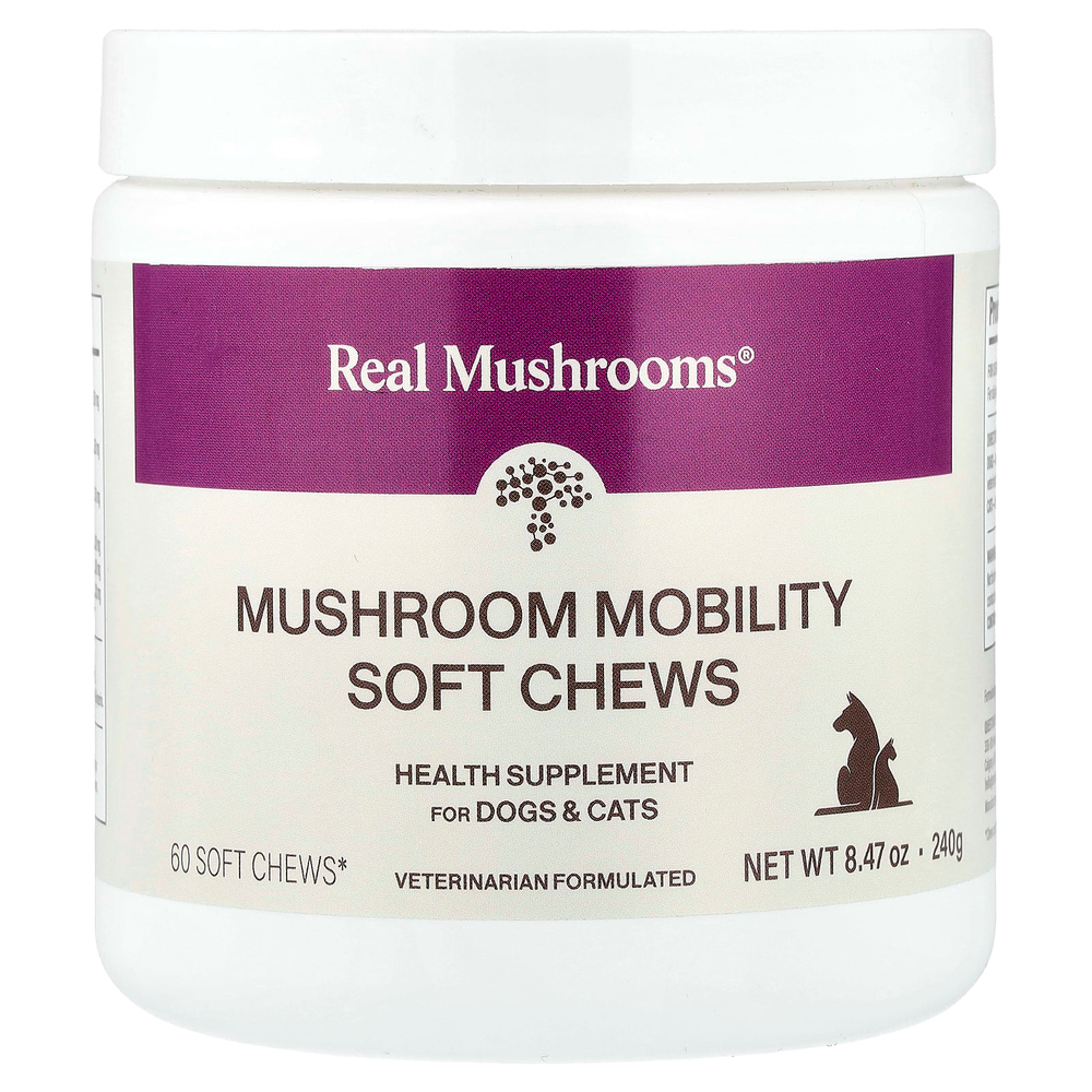 Real Mushrooms, Mushroom Mobility, мягкие жевательные таблетки, для собак и кошек, 60 жевательных таблеток, 240 г (8,47 унции)