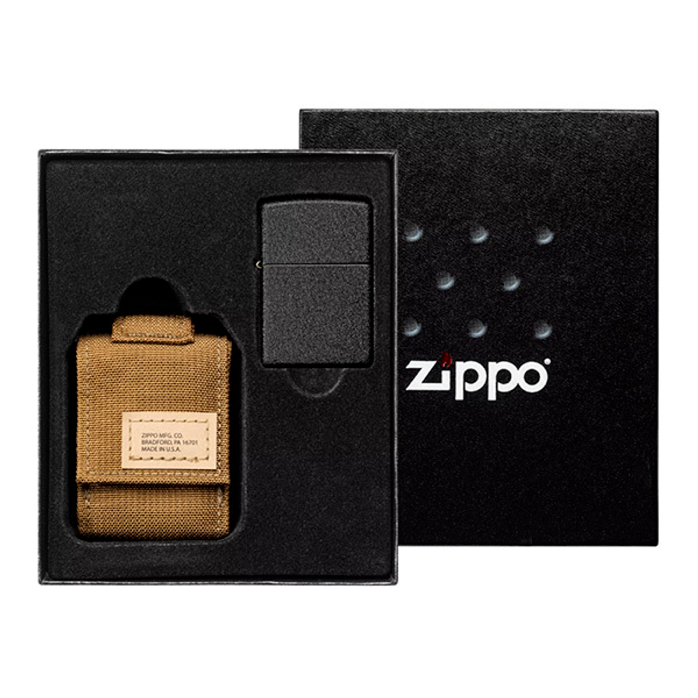 Набор Zippo в подарочной коробке (чёрная зажигалка Black Crackle и коричневый нейлоновый чехол)