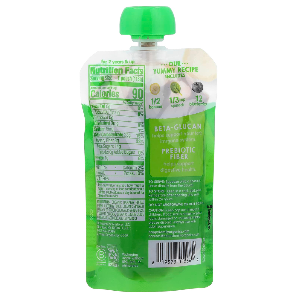 Happy Family Organics, Happy Tot®, Super Bellies™, для детей от 2 лет, органические бананы, голубика и шпинат, 113 г (4 унции)
