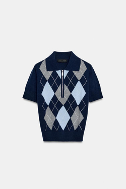 ZARA ТРИКОТАЖНОЕ ПОЛО В РОМБ, СЕРЫЙ/СИНИЙ