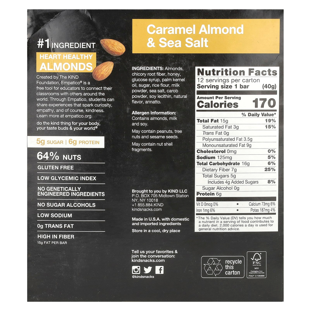 KIND Bars, Nuts & Spices, батончики с карамелью, миндалем и морской солью, 12 батончиков, весом 40 г (1,4 унции) каждый