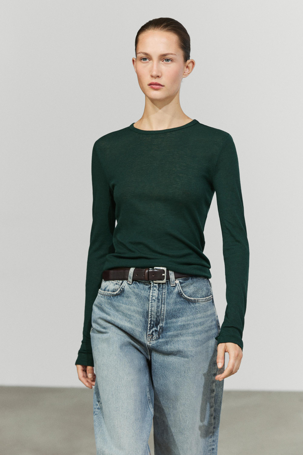 Massimo Dutti Футболка с длинными рукавами из шерстяной смеси, бутылочно-зеленый