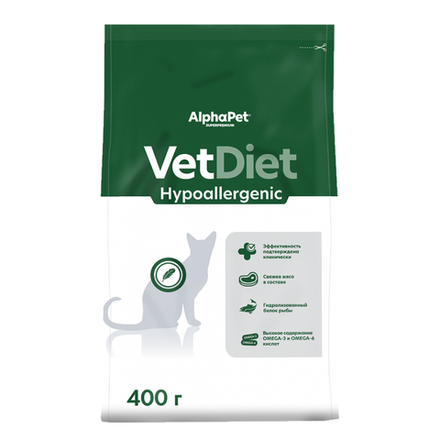 Сухой корм AlphaPet VET DIET для взрослых кошек HYPOALLERGENIC при пищевой аллергии и непереносимости ингредиентов - 0,4 кг