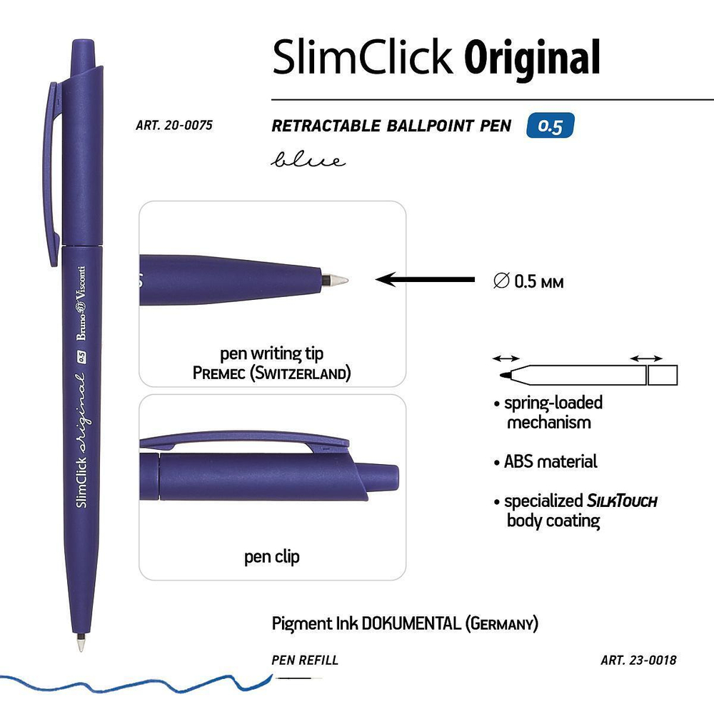 Ручка шариковая автоматическая 0.5 мм, синяя "SlimClick. Original", 3 цвета корп. (Bruno Visconti)