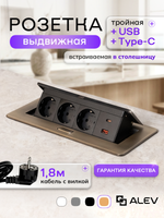 Горизонтальная тройная розетка 1USB + 1 Type-C, бронзовая