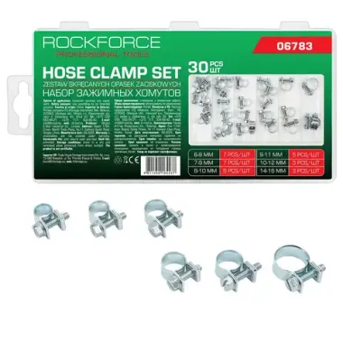 Хомуты зажимные червячные металлические, набор 30пр. RockFORCE RF-06783