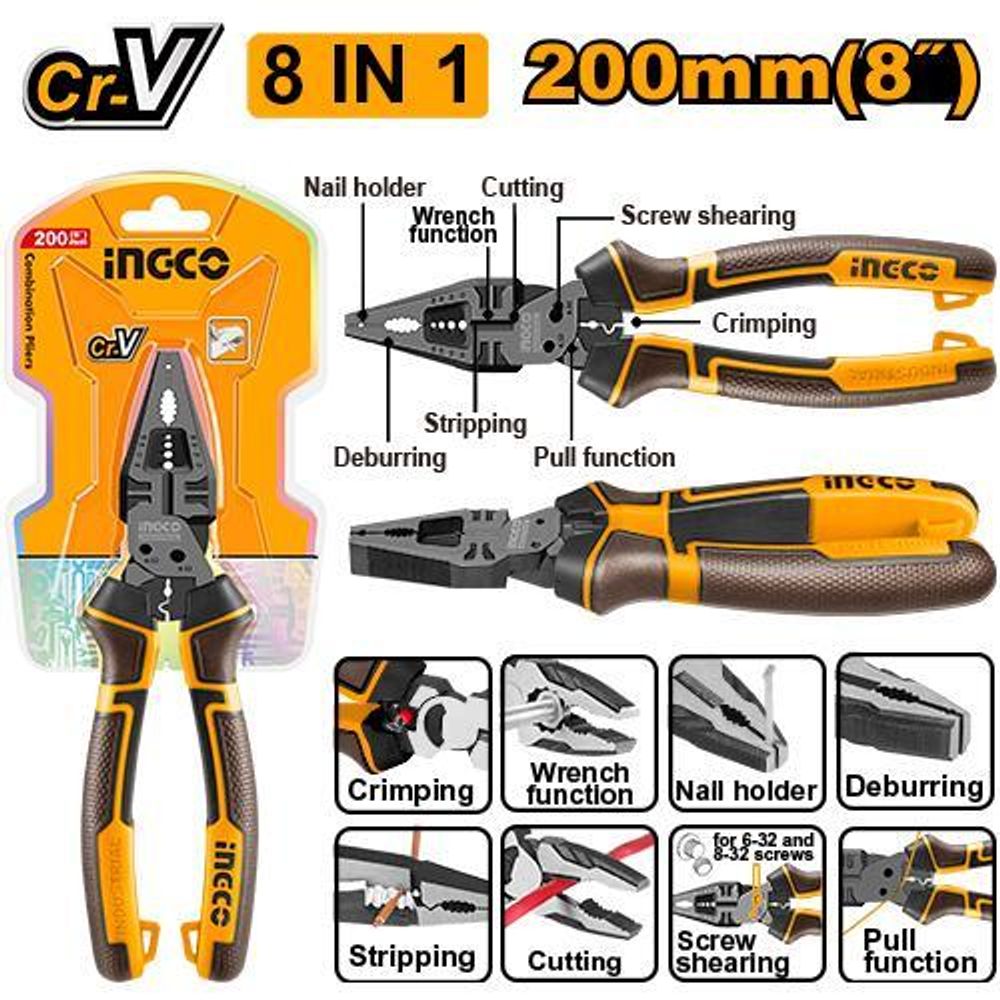 Плоскогубцы многофункциональные 8 в 1, 200мм SUPER INGCO HMFCP28200 INDUSTRIAL