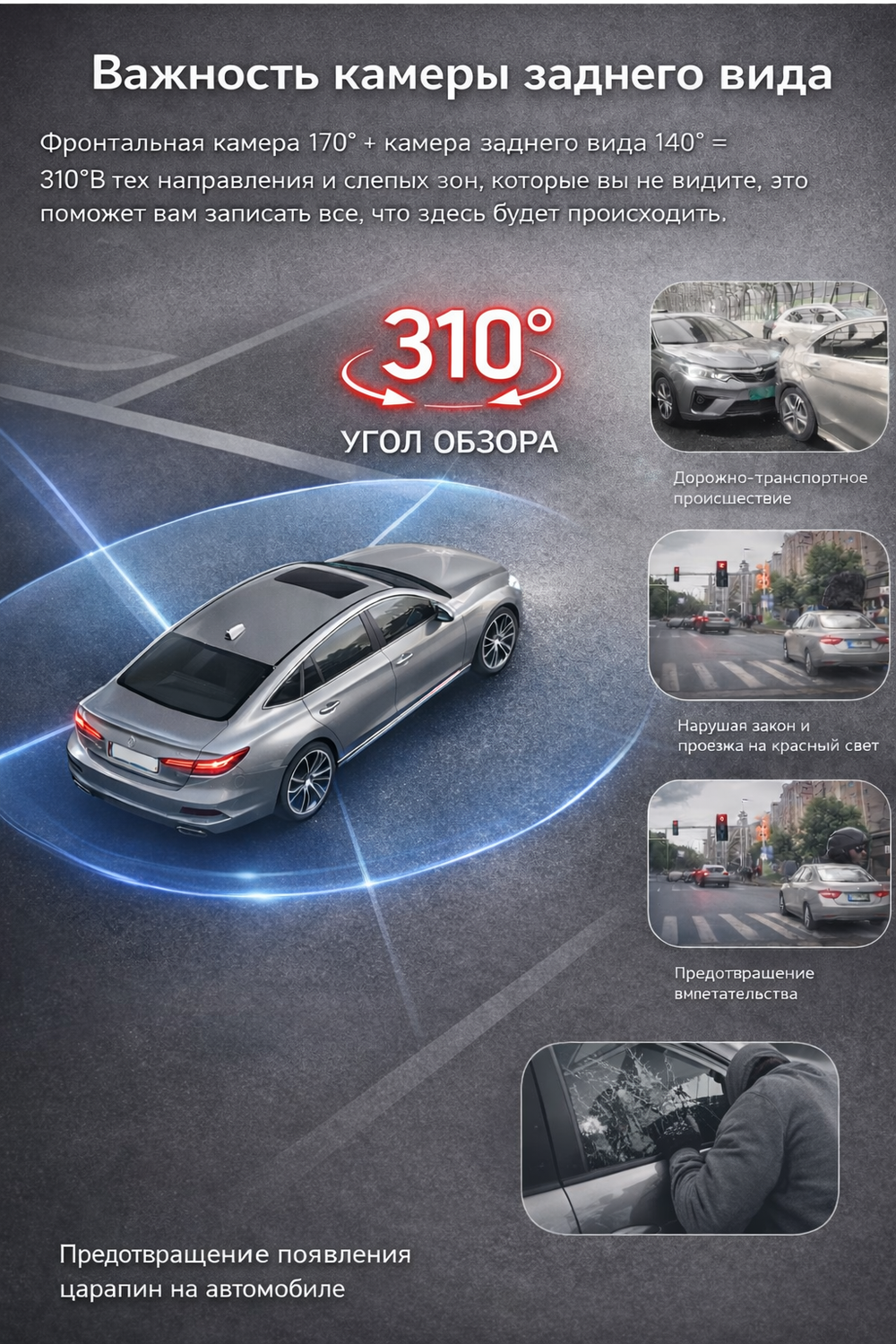 Автомобильный видеорегистратор скрытой установки Full HD 1080p, Wi-Fi + WDR, ночное видение, 170 угол обзора