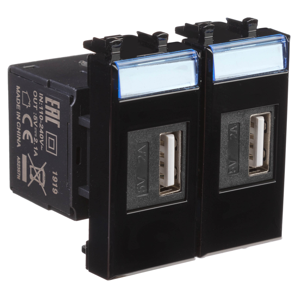 USB зарядное устройство модульное, "Avanti", "Черный квадрат", 2 модуля