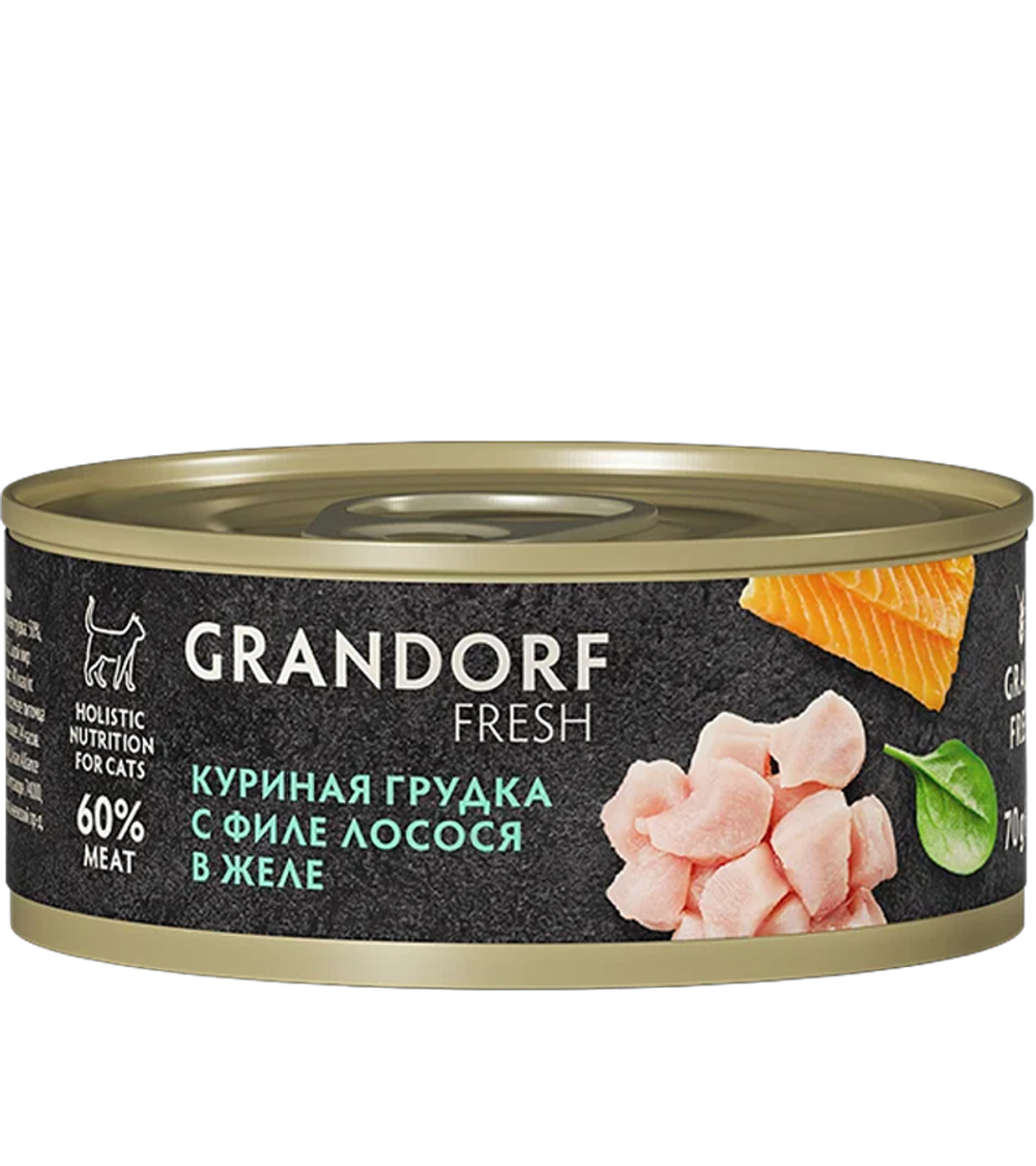 Grandorf Fresh консервы для кошек Куриная грудка с филе лосося в желе 70гр.