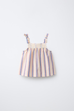 ZARA ТОП В ПОЛОСКУ С КРУЖЕВОМ КРОШЕ, ЭКРЮ