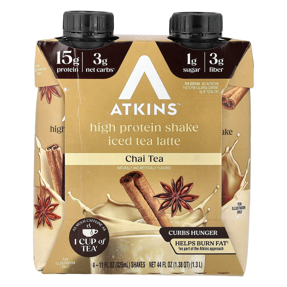 Atkins, Чай со льдом и латте, протеиновый коктейль, чай, 4 коктейля, 325 мл (11 жидк. унц.)