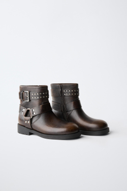 ZARA БОТИЛЬОНЫ С ЗАКЛЕПКАМИ И ПРЯЖКОЙ, КОРИЧНЕВЫЙ