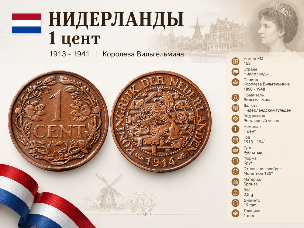 Нидерланды 1 цент, 1914 Королева Вильгельмина XF
