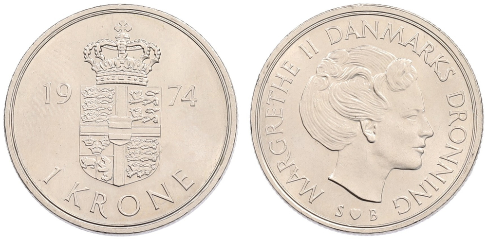 Дания 1 крона, 1974 Королева Маргрете II XF