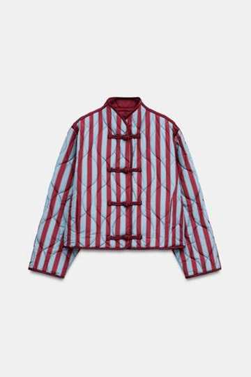 ZARA СТЕГАНАЯ КУРТКА В ПОЛОСКУ С ЗАСТЕЖКАМИ-АЛАМАРАМИ, НАСЫЩЕННЫЙ КРАСНЫЙ