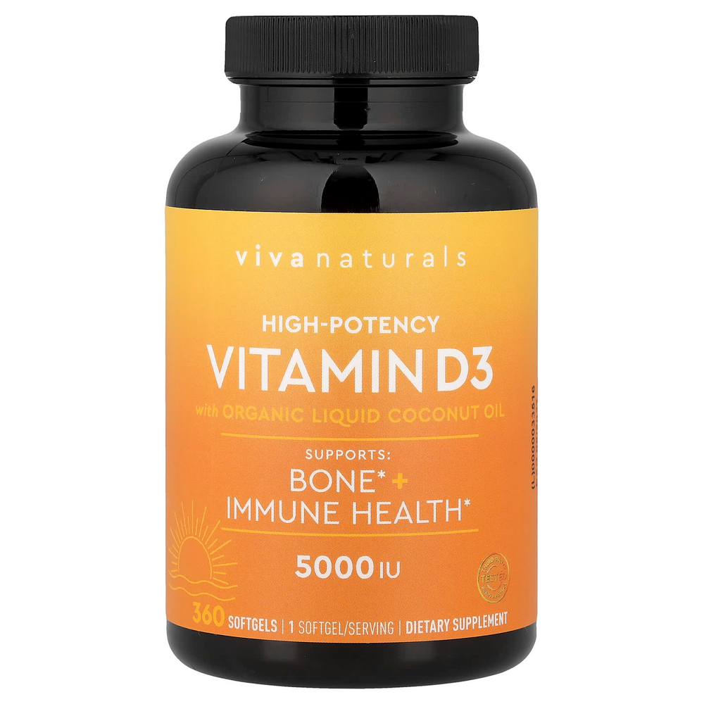 Viva Naturals, витамин D3 с органическим жидким кокосовым маслом, 125 мкг (5000 МЕ), 360 капсул