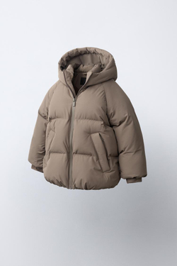 ZARA СТЕГАНОЕ ПАЛЬТО С КАПЮШОНОМ WATER REPELLENT, СЕРОВАТО-КОРИЧНЕВЫЙ