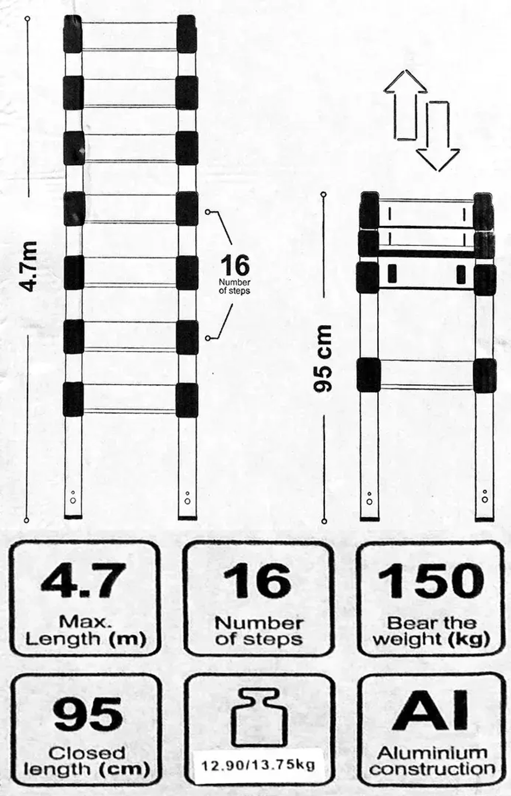 Лестница телескопическая алюм. бытовая 4.7м (16 ступ.) Scheppach Sch-UP470