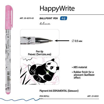 Ручка шариковая 0.5мм синяя "HappyWrite. Панды" (Bruno Visconti)