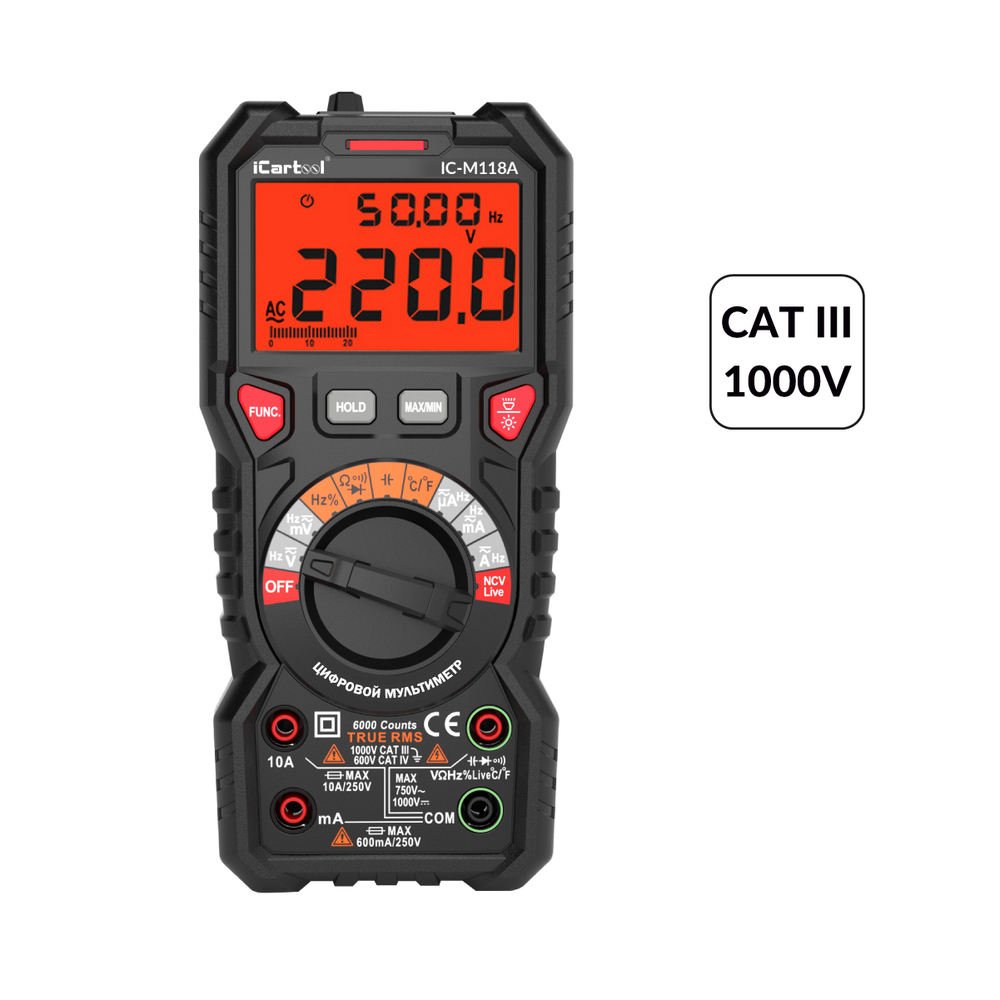 Мультиметр цифровой True RMS, NCV, 6000 отсчётов, CATIII 1000В / CATIV 600В iCartool IC-M118A
